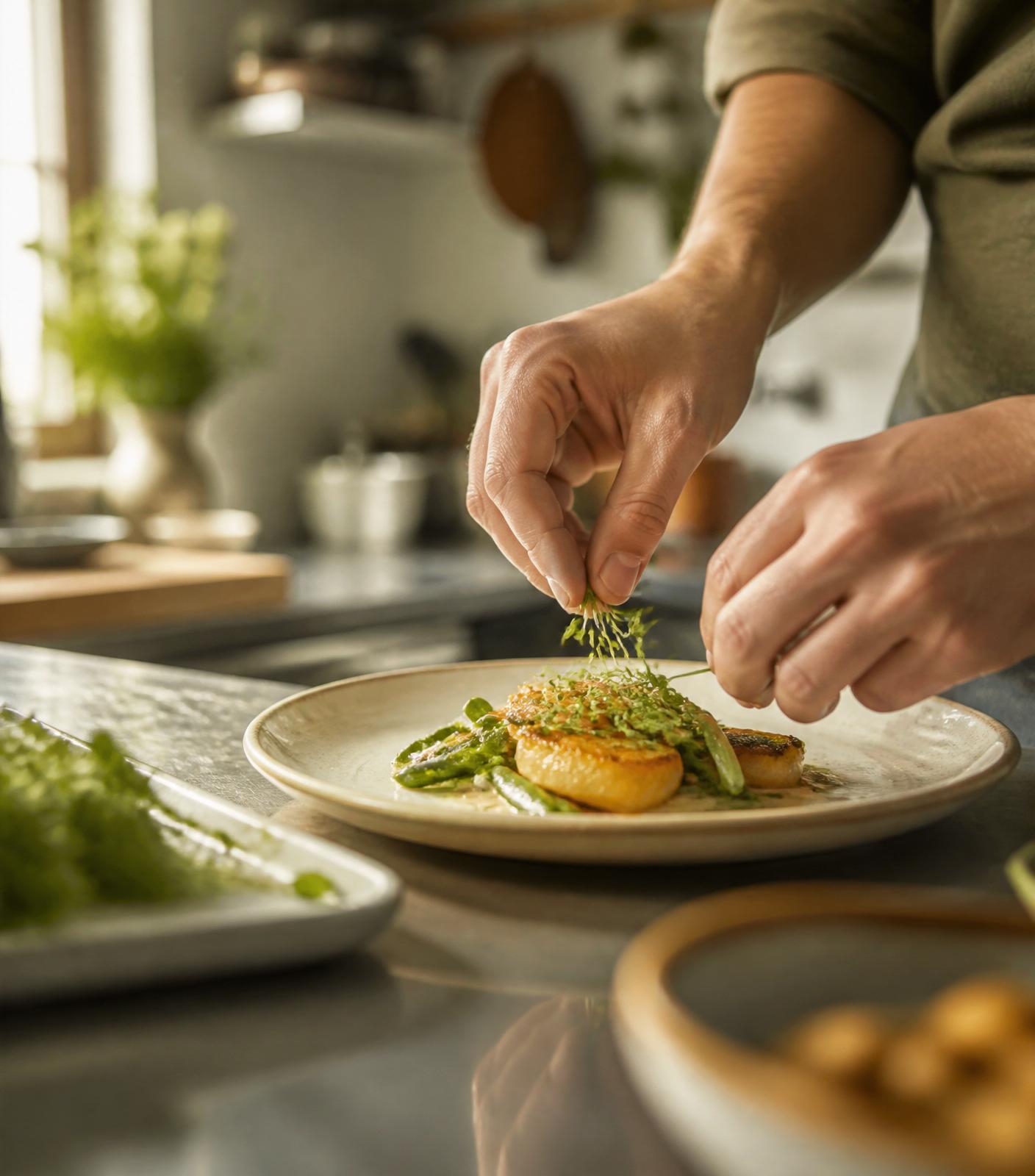 Chef garnishing a plated dish with a pinch of fresh microgreens in a farmhouse kitchen