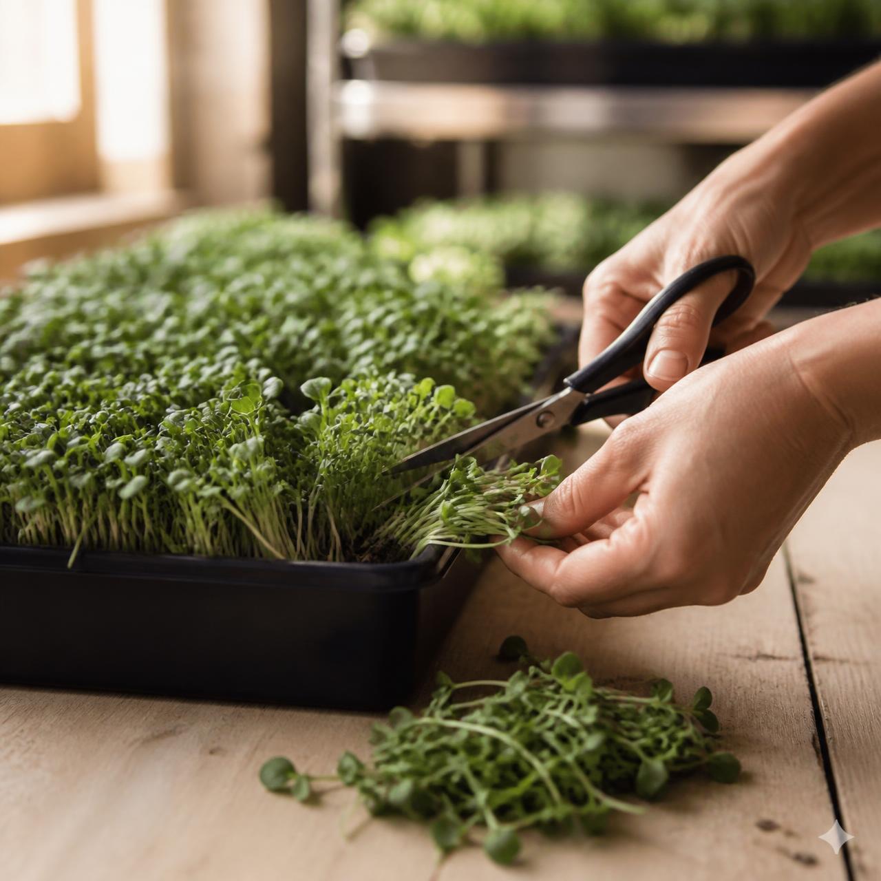Hands harvesting fresh microgreens on a small family farm in Hudsonville, Michigan